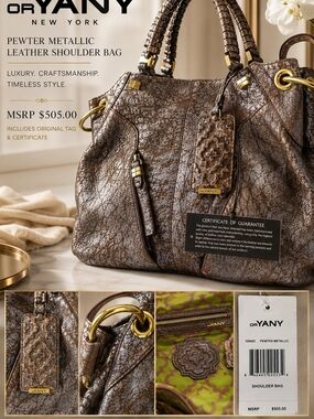 orYANY GN402 Pewter Metallic Leather Shoulder Bag NWT $505 MSRP